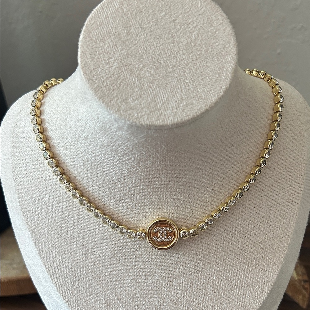 Gold with Rhinestones Logo Necklace